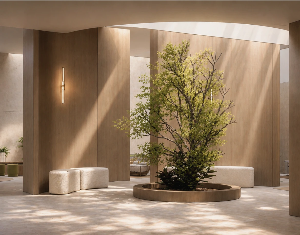 The Unfolding Sequence sanctuary with a central tree, warm timber and softly filtered daylight